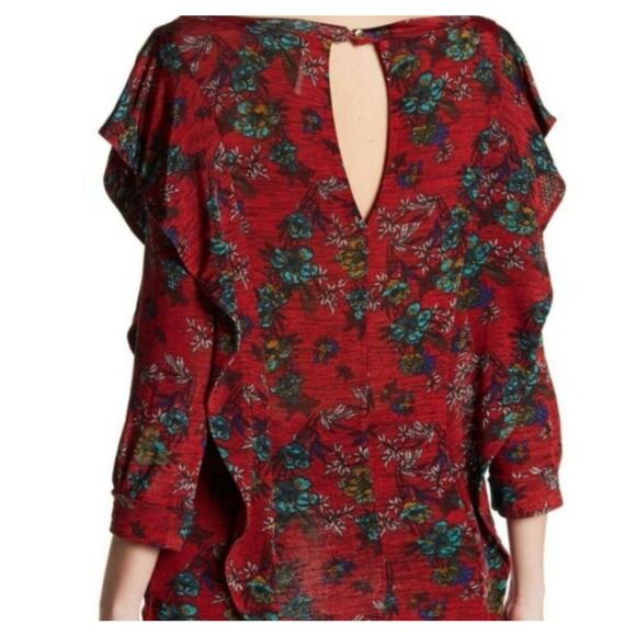 Free People Dock Street Deep Red Floral Print Ruffle Top Size Medium - Picture 8 of 8